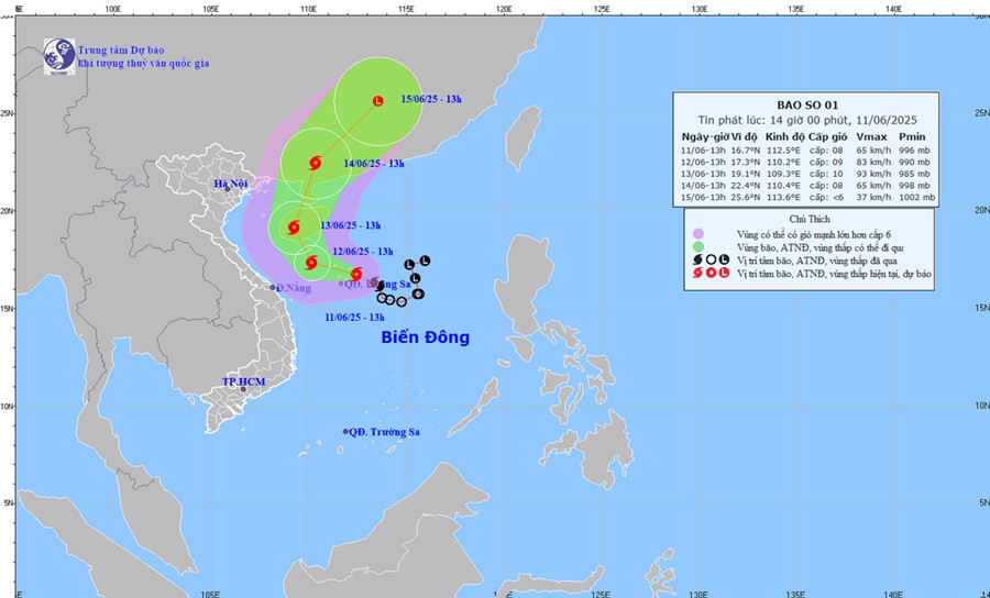 Dự báo đường đi của bão số 1 trong bản tin lúc 14h ngày 11/6 của Trung tâm Dự báo Khí tượng Thủy văn Quốc gia. Ảnh: KTTV. Dự báo đường đi của bão số 1 trong bản tin lúc 14h ngày 11/6 của Trung tâm Dự báo Khí tượng Thủy văn Quốc gia. Ảnh: KTTV.