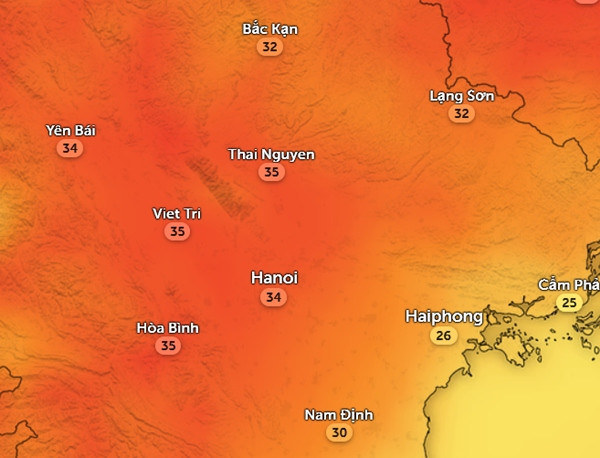 Nhiệt độ cảm nhận ở một số tỉnh thành miền Bắc chiều nay, 25/3. Ảnh: Zoom Earth, OpenStreetMap, ICON. Nhiệt độ cảm nhận ở một số tỉnh thành miền Bắc chiều nay, 25/3. Ảnh: Zoom Earth, OpenStreetMap, ICON.