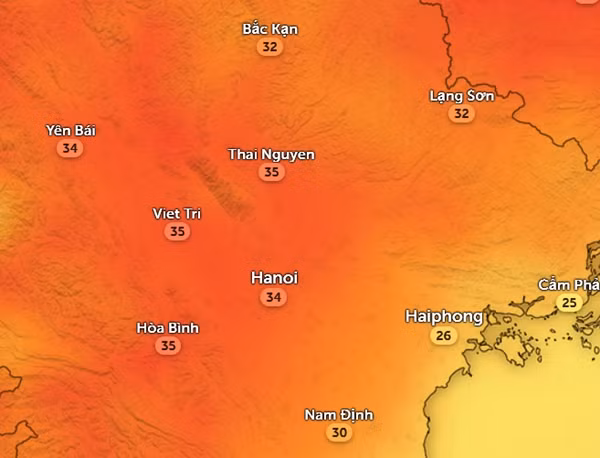 Nhiệt độ cảm nhận ở một số tỉnh thành miền Bắc chiều nay, 25/3. Ảnh: Zoom Earth, OpenStreetMap, ICON.