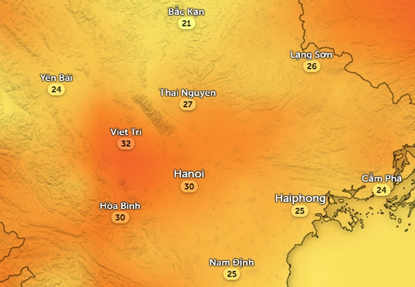 Nhiệt độ cảm nhận ở một số tỉnh thành miền Bắc vào chiều mai, 14/3. Ảnh: Zoom Earth, OpenStreetMap, GFS. Nhiệt độ cảm nhận ở một số tỉnh thành miền Bắc vào chiều mai, 14/3. Ảnh: Zoom Earth, OpenStreetMap, GFS.