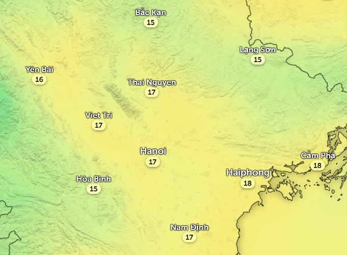 Nhiệt độ cảm nhận ở một số tỉnh thành miền Bắc vào chiều nay, 18/3. Ảnh: Zoom Earth, OpenStreetMap, GFS.