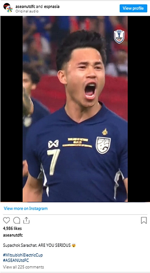 Trang ASEANUTDFC viết: "Supachok Sarachat. Nghiêm túc không đấy?", thể hiện sự không thể tin nổi nhưng theo ý mỉa mai. (Ảnh chụp màn hình ASEANUTDFC). Trang ASEANUTDFC viết: "Supachok Sarachat. Nghiêm túc không đấy?", thể hiện sự không thể tin nổi nhưng theo ý mỉa mai. (Ảnh chụp màn hình ASEANUTDFC).