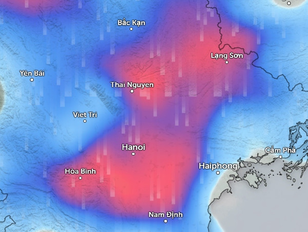 Dự báo mưa dông diện rộng ở miền Bắc từ tối 9/5 (những vùng màu xanh da trời là mưa nhỏ đến vừa, màu đỏ là mưa vừa đến mưa to). Ảnh: Zoom Earth, OpenStreetMap, ICON. Dự báo mưa dông diện rộng ở miền Bắc từ tối 9/5 (những vùng màu xanh da trời là mưa nhỏ đến vừa, màu đỏ là mưa vừa đến mưa to). Ảnh: Zoom Earth, OpenStreetMap, ICON.