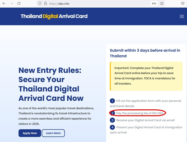 Nếu một trang khai báo nhập cảnh Thái Lan yêu cầu du khách phải nộp tiền thì đó là trang giả. (Ảnh chụp màn hình). Nếu một trang khai báo nhập cảnh Thái Lan yêu cầu du khách phải nộp tiền thì đó là trang giả. (Ảnh chụp màn hình).