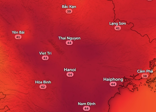 Nhiệt độ cảm nhận ở một số tỉnh thành miền Bắc chiều 2/6. Ảnh: Zoom Earth, OpenStreetMap, GFS.