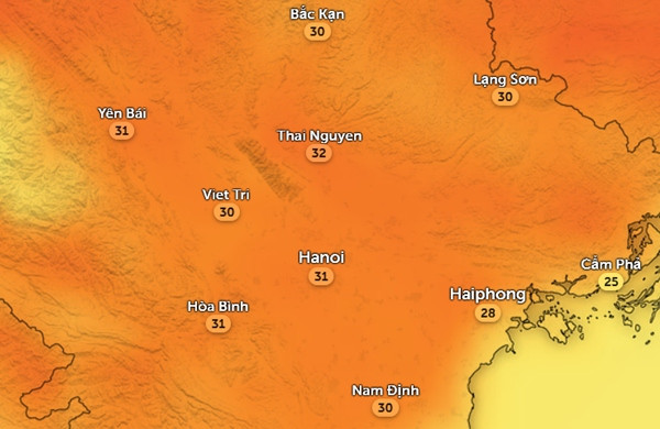 Nhiệt độ cảm nhận ở một số tỉnh thành miền Bắc chiều nay, 24/3. Ảnh: Zoom Earth, OpenStreetMap, ICON.