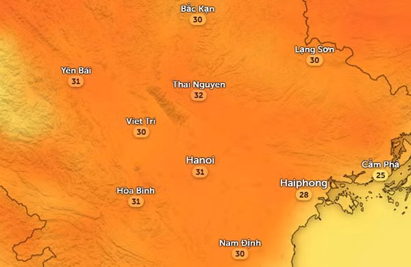 Nhiệt độ cảm nhận ở một số tỉnh thành miền Bắc chiều nay, 24/3. Ảnh: Zoom Earth, OpenStreetMap, ICON.