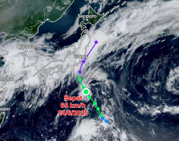 Vị trí hiện tại và đường đi dự báo của bão Sepat - cơn bão thứ hai ở Tây Bắc Thái Bình Dương trong mùa bão 2025. Ảnh: Zoom Earth, JMA/ NOAA/ CIRA.