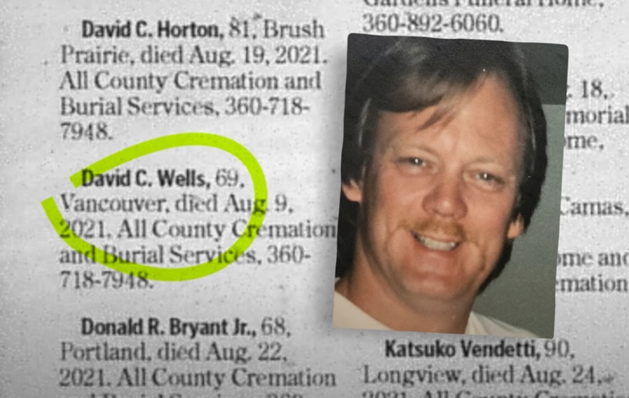 Ông Wells và cáo phó mà gia đình ông đăng lên báo sau khi ông mất. Ảnh: KGW.