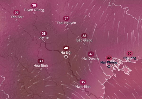 Dự báo nhiệt độ cảm nhận ở một số tỉnh thành miền Bắc vào cuối tuần này: Hà Nội chạm ngưỡng 40oC. Ảnh: Ventusky, GFS. Dự báo nhiệt độ cảm nhận ở một số tỉnh thành miền Bắc vào cuối tuần này: Hà Nội chạm ngưỡng 40oC. Ảnh: Ventusky, GFS.