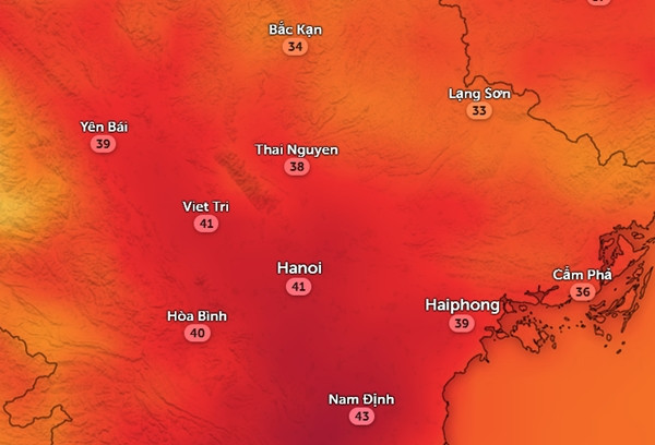 Dự báo nhiệt độ cảm nhận ở một số tỉnh thành miền Bắc vào trưa 31/5 (thứ Bảy tới). Ảnh: Zoom Earth, OpenStreetMap, ICON.