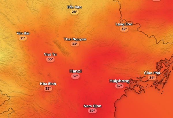 Dự báo nhiệt độ cảm nhận ở một số tỉnh thành miền Bắc vào trưa mai, 28/6. Ảnh: Zoom Earth, OpenStreetMap, ICON.