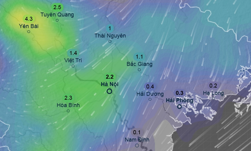 Dự báo nhiều tỉnh thành miền Bắc có mưa vào sáng đến trưa Chủ Nhật (26/1, là 27 Tết). Những con số trong hình là lượng mưa, tính theo mm. Ảnh: Ventusky, GFS.