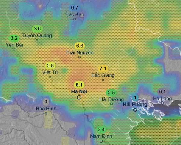 Dự báo mưa ở nhiều tỉnh thành miền Bắc vào sáng 11/7, những con số trong hình là lượng mưa (mm) trong khoảng 3 giờ. Ảnh: Ventusky, ICON.