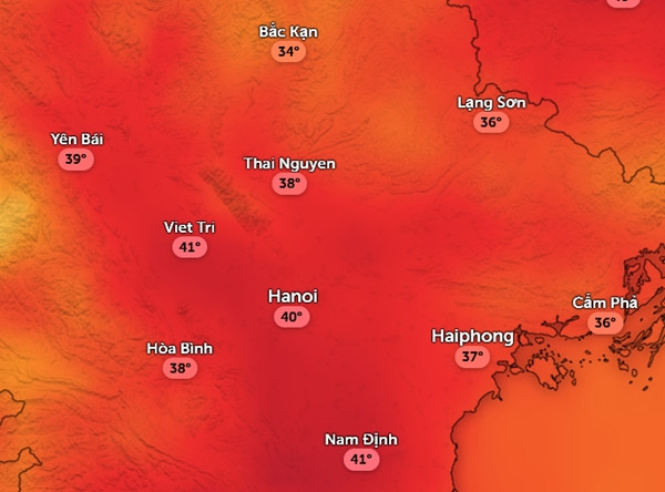 Dự báo nhiệt độ cảm nhận ở một số tỉnh thành miền Bắc vào chiều 6/6. Ảnh: Zoom Earth, OpenStreetMap, ICON. Dự báo nhiệt độ cảm nhận ở một số tỉnh thành miền Bắc vào chiều 6/6. Ảnh: Zoom Earth, OpenStreetMap, ICON.