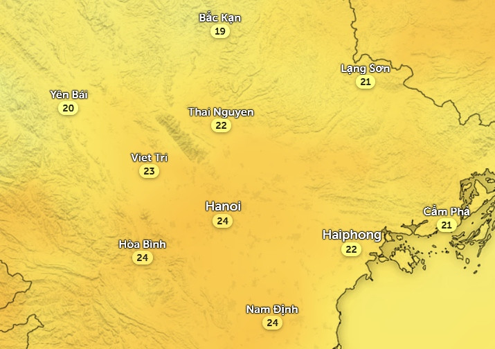 Đến chiều mai, 11/2, phần lớn miền Bắc khá ấm áp. Những con số trong hình là nhiệt độ cảm nhận thực tế. Ảnh: Zoom Earth, OpenStreetMap, ICON. Đến chiều mai, 11/2, phần lớn miền Bắc khá ấm áp. Những con số trong hình là nhiệt độ cảm nhận thực tế. Ảnh: Zoom Earth, OpenStreetMap, ICON.