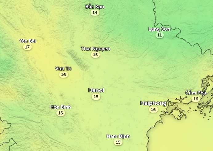 Nhiệt độ cảm nhận ở một số tỉnh thành miền Bắc chiều 25/2: Trời ấm hơn hôm qua một chút. Ảnh: Zoom Earth, OpenStreetMap, ICON. Nhiệt độ cảm nhận ở một số tỉnh thành miền Bắc chiều 25/2: Trời ấm hơn hôm qua một chút. Ảnh: Zoom Earth, OpenStreetMap, ICON.