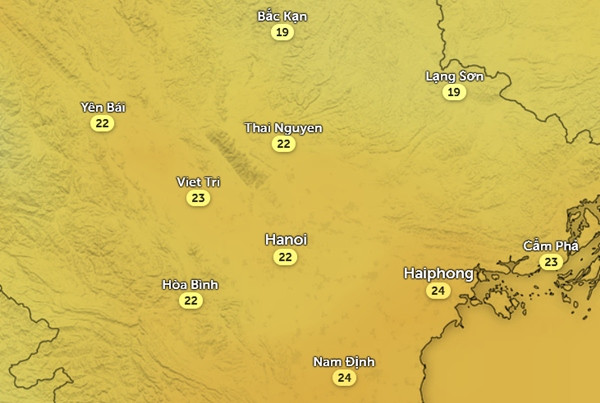 Nhiệt độ cảm nhận ở một số tỉnh thành miền Bắc rạng sáng 25/4, khi trời chuyển gió. Ảnh: Zoom Earth, OpenStreetMap, GFS.