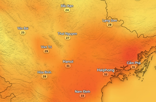 Dự báo nhiệt độ cảm nhận ở một số tỉnh thành miền Bắc chiều 28/4. Ảnh: Zoom Earth, OpenStreetMap, GFS. Dự báo nhiệt độ cảm nhận ở một số tỉnh thành miền Bắc chiều 28/4. Ảnh: Zoom Earth, OpenStreetMap, GFS.