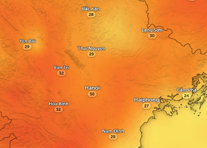 Nhiệt độ cảm nhận ở một số tỉnh thành miền Bắc vào chiều nay, 3/3. Ảnh: Zoom Earth, OpenStreetMap, GFS.