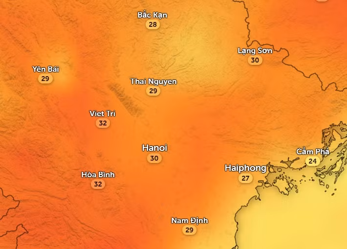 Nhiệt độ cảm nhận ở một số tỉnh thành miền Bắc vào chiều nay, 3/3. Ảnh: Zoom Earth, OpenStreetMap, GFS.