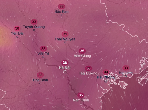 Dự báo nhiệt độ cảm nhận ở một số tỉnh thành miền Bắc vào trưa thứ Tư, 28/5: Một số nơi lại khá nóng. Ảnh: Ventusky, GFS. Dự báo nhiệt độ cảm nhận ở một số tỉnh thành miền Bắc vào trưa thứ Tư, 28/5: Một số nơi lại khá nóng. Ảnh: Ventusky, GFS.