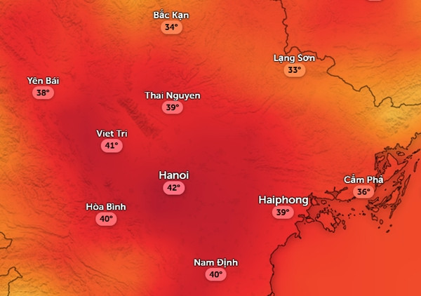 Nhiệt độ cảm nhận ở một số tỉnh thành miền Bắc chiều nay, 19/6. Chiều mai khả năng cũng tương tự hoặc giảm nhiệt nhẹ. Ảnh: Zoom Earth, OpenStreetMap, GFS.