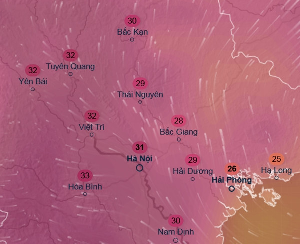 Dự báo nhiệt độ cảm nhận ở một số tỉnh thành miền Bắc vào trưa và chiều ngày 2 - 3/3. Ảnh: Ventusky, GFS. Dự báo nhiệt độ cảm nhận ở một số tỉnh thành miền Bắc vào trưa và chiều ngày 2 - 3/3. Ảnh: Ventusky, GFS.
