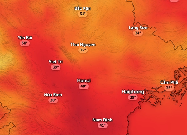 Nhiệt độ cảm nhận ở một số tỉnh thành miền Bắc chiều nay, 16/6. Chiều 17/6 cũng tương tự. Ảnh: Zoom Earth, OpenStreetMap, ICON. Nhiệt độ cảm nhận ở một số tỉnh thành miền Bắc chiều nay, 16/6. Chiều 17/6 cũng tương tự. Ảnh: Zoom Earth, OpenStreetMap, ICON.