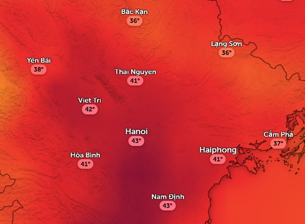 Dự báo nhiệt độ cảm nhận ở một số tỉnh thành miền Bắc vào trưa và chiều mai, 7/6. Ảnh: Zoom Earth, OpenStreetMap, GFS. Dự báo nhiệt độ cảm nhận ở một số tỉnh thành miền Bắc vào trưa và chiều mai, 7/6. Ảnh: Zoom Earth, OpenStreetMap, GFS.