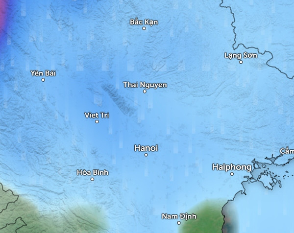 Dự báo mưa diện rộng ở miền Bắc (những vùng màu xanh da trời là có dự báo mưa) vào sáng 15/5. Ảnh: Zoom Earth, OpenStreetMap, GFS.