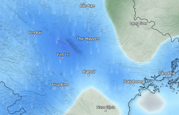 Dự báo mưa (những vùng màu xanh da trời) ở một số tỉnh thành miền Bắc chiều mai, 27/6, theo mô hình GFS (Hệ thống Dự báo Toàn cầu) của Mỹ. Ảnh: Zoom Earth, OpenStreetMap, GFS.