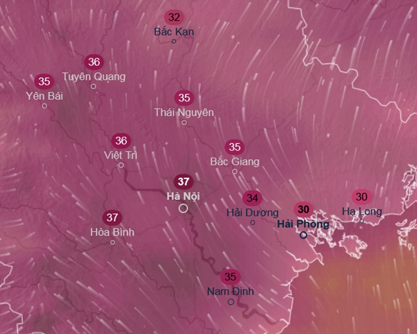 Dự báo nhiệt độ cảm nhận ở một số tỉnh thành miền Bắc vào trưa và chiều 11/4, một ngày trước khi có không khí lạnh. Ảnh: Ventusky, ICON.