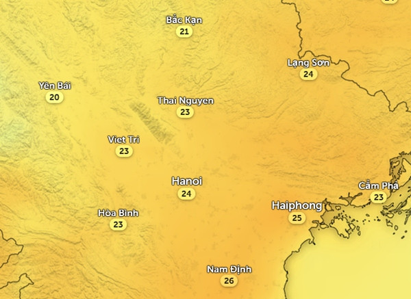 Nhiệt độ cảm nhận ở một số tỉnh thành miền Bắc vào chiều nay, 12/2. Ảnh: Zoom Earth, OpenStreetMap, ICON. Nhiệt độ cảm nhận ở một số tỉnh thành miền Bắc vào chiều nay, 12/2. Ảnh: Zoom Earth, OpenStreetMap, ICON.