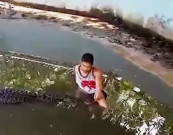 Nam du khách lội xuống nước, ngồi cạnh "bức tượng" cá sấu để chụp ảnh. Ảnh: ViralPress. Nam du khách lội xuống nước, ngồi cạnh "bức tượng" cá sấu để chụp ảnh. Ảnh: ViralPress.