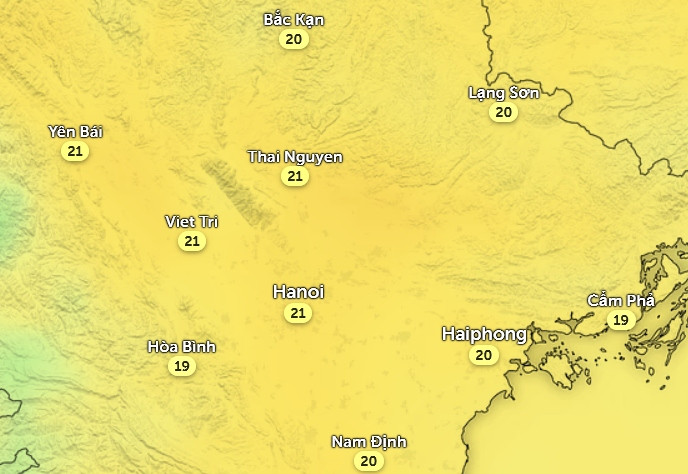 Nhiệt độ ở một số tỉnh thành miền Bắc vào chiều nay, 1/4. Ảnh: Zoom Earth, OpenStreetMap, ICON.