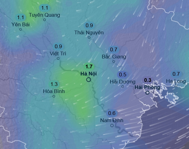 Dự báo mưa ở nhiều nơi tại miền Bắc vào sáng 16/2 (những con số trong hình là lượng mưa dự báo, tính theo mm). Ảnh: Ventusky, GFS.