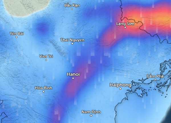 Dự báo nhiều tỉnh thành miền Bắc có mưa vào 23/5. Ảnh: Zoom Earth, OpenStreetMap, GFS. Dự báo nhiều tỉnh thành miền Bắc có mưa vào 23/5. Ảnh: Zoom Earth, OpenStreetMap, GFS.