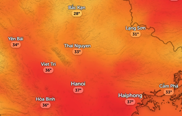 Dự báo nhiệt độ cảm nhận ở một số tỉnh thành miền Bắc vào chiều Chủ Nhật, 29/6. Ảnh: Zoom Earth, OpenStreetMap, ICON. Dự báo nhiệt độ cảm nhận ở một số tỉnh thành miền Bắc vào chiều Chủ Nhật, 29/6. Ảnh: Zoom Earth, OpenStreetMap, ICON.