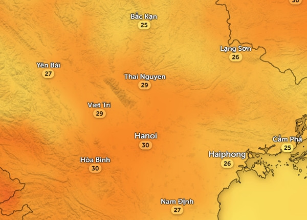 Nhiệt độ cảm nhận ở một số tỉnh thành miền Bắc vào chiều thứ Sáu, 4/4. Ảnh: Zoom Earth, OpenStreetMap, ICON.