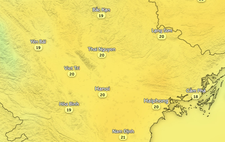 Nhiệt độ cảm nhận ở một số tỉnh thành miền Bắc vào trưa và đầu giờ chiều nay, 13/1. Ảnh: Zoom Earth, OpenStreetMap, ICON.