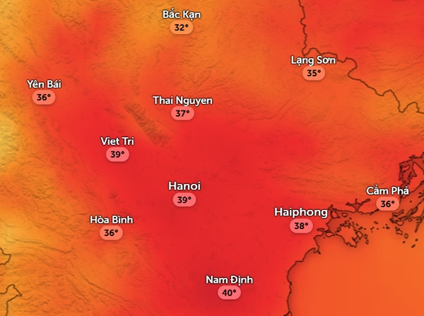 Nhiệt độ cảm nhận ở một số tỉnh thành miền Bắc vào buổi trưa, chiều hôm nay và ngày mai (25 - 26/6). Ảnh: Zoom Earth, OpenStreetMap, ICON.