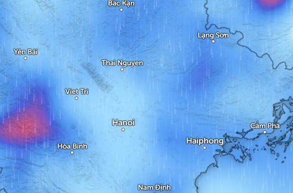 Dự báo mưa ở nhiều tỉnh thành miền Bắc vào chiều Chủ Nhật, 29/6 (màu xanh là mưa nhỏ đến vừa, màu đỏ là mưa vừa đến mưa to). Ảnh: Zoom Earth, OpenStreetMap, ICON. Dự báo mưa ở nhiều tỉnh thành miền Bắc vào chiều Chủ Nhật, 29/6 (màu xanh là mưa nhỏ đến vừa, màu đỏ là mưa vừa đến mưa to). Ảnh: Zoom Earth, OpenStreetMap, ICON.