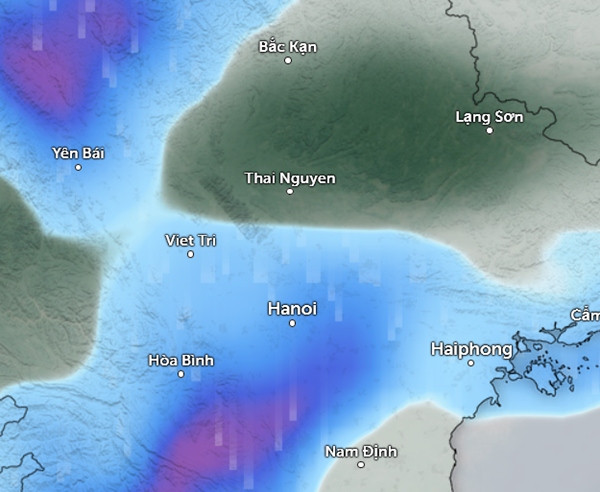 Dự báo trời mưa ở nhiều nơi tại miền Bắc vào tối muộn hoặc đêm 9/5 (những vùng màu xanh da trời là mưa nhỏ đến vừa, màu đỏ là mưa vừa đến mưa to). Ảnh: Zoom Earth, OpenStreetMap, ICON.