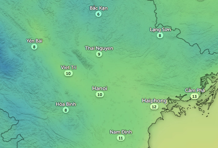 Dự báo nhiệt độ cảm nhận ở một số tỉnh thành miền Bắc vào đêm Giao Thừa Tết Ất Tỵ 2025. Ảnh: Zoom Earth, OpenStreetMap, ICON. Dự báo nhiệt độ cảm nhận ở một số tỉnh thành miền Bắc vào đêm Giao Thừa Tết Ất Tỵ 2025. Ảnh: Zoom Earth, OpenStreetMap, ICON.