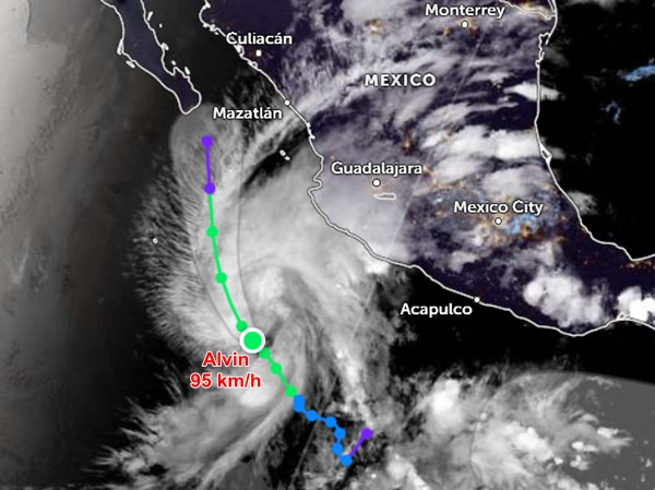 Vị trí và đường đi dự báo của bão Alvin (không ảnh hưởng đến nước ta). Ảnh: Zoom Earth, JMA/ NOAA/ CIRA. Vị trí và đường đi dự báo của bão Alvin (không ảnh hưởng đến nước ta). Ảnh: Zoom Earth, JMA/ NOAA/ CIRA.