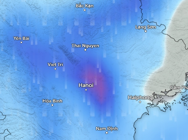 Dự báo sắp có mưa dông diện rộng ở miền Bắc, trong hình là dự báo mưa vào tối mai, 20/6 (những vùng màu xanh da trời là mưa nhỏ đến vừa, màu đỏ là mưa vừa đến mưa to). Ảnh: Zoom Earth, OpenStreetMap, GFS.
