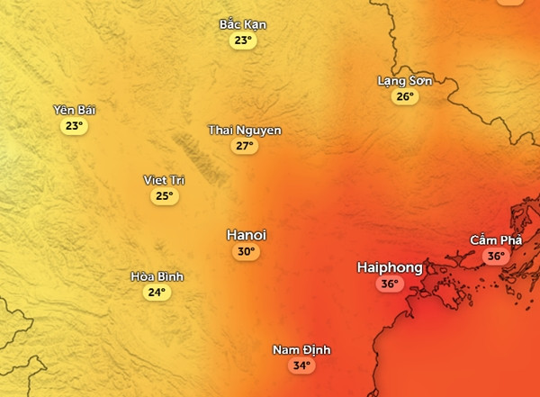 Dự báo nhiệt độ ở một số tỉnh thành miền Bắc vào trưa và chiều mai, theo mô hình GFS (Hệ thống Dự báo Toàn cầu) của Mỹ. Một vài mô hình khác dự báo nhiệt độ cao hơn một chút. Ảnh: Zoom Earth, OpenStreetMap, GFS.