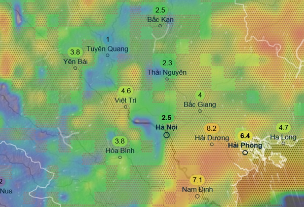 Dự báo mưa khắp miền Bắc vào ngày 23/5 do ảnh hưởng của không khí lạnh (màu xanh là mưa nhỏ đến vừa, màu vàng và cam là mưa vừa đến mưa to). Những con số trong hình là lượng mưa trong khoảng 3 tiếng, có những mô hình dự báo mưa to hơn. Ảnh: Ventusky, ICON. Dự báo mưa khắp miền Bắc vào ngày 23/5 do ảnh hưởng của không khí lạnh (màu xanh là mưa nhỏ đến vừa, màu vàng và cam là mưa vừa đến mưa to). Những con số trong hình là lượng mưa trong khoảng 3 tiếng, có những mô hình dự báo mưa to hơn. Ảnh: Ventusky, ICON.