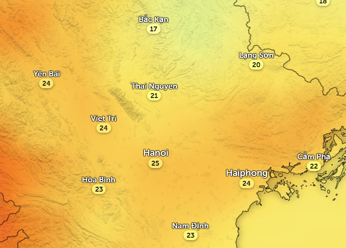 Nhiệt độ cảm nhận ở một số tỉnh thành miền Bắc vào chiều nay, 5/3. Ảnh: Zoom Earth, OpenStreetMap, GFS. Nhiệt độ cảm nhận ở một số tỉnh thành miền Bắc vào chiều nay, 5/3. Ảnh: Zoom Earth, OpenStreetMap, GFS.